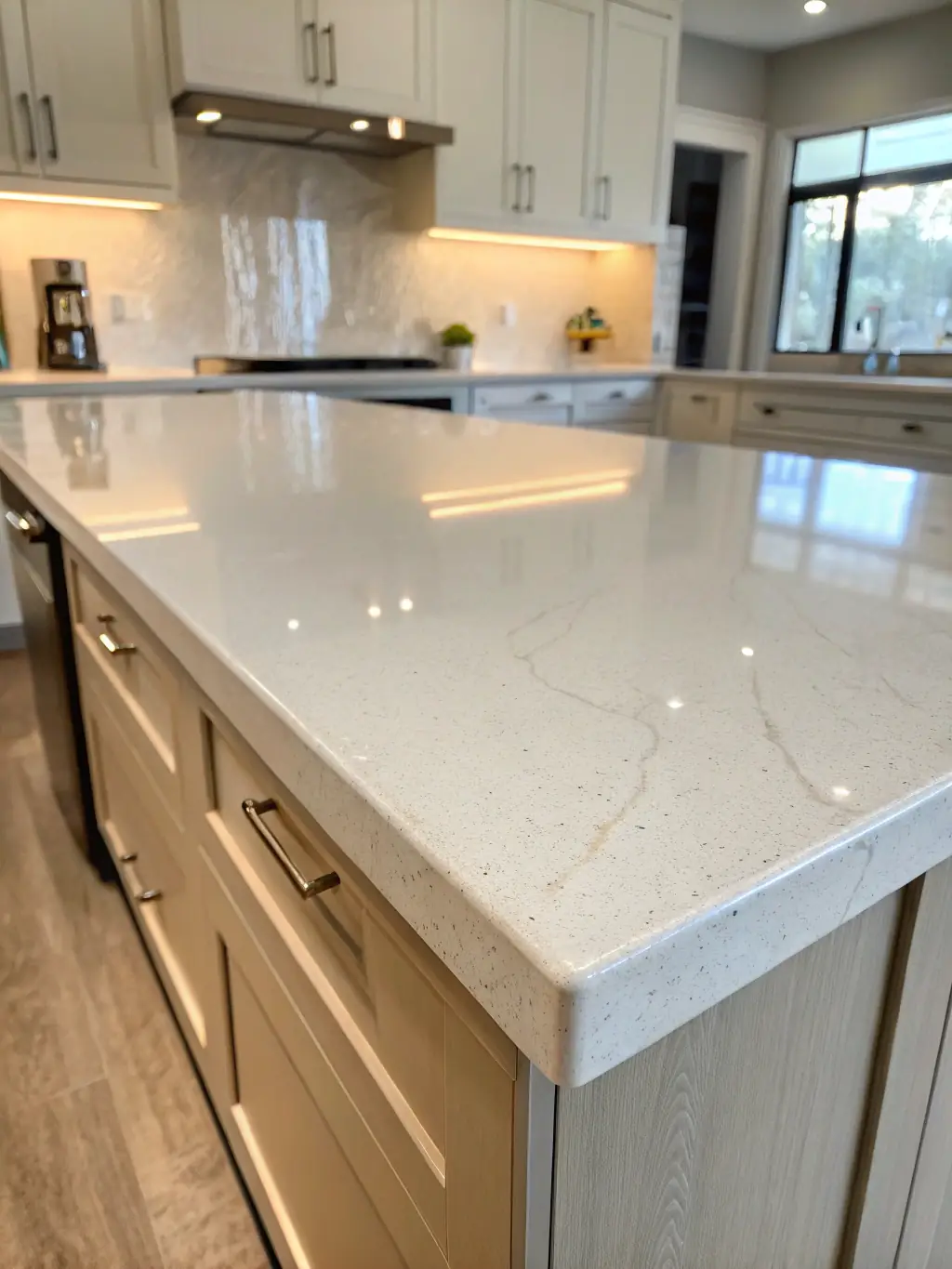 A modern kitchen featuring a newly installed quartz countertop, showcasing the elegance and durability of Haddonfield Kitchen & Bath LLC's countertop replacement options.