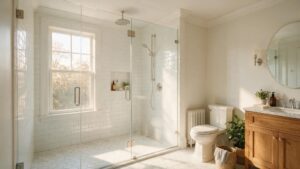 Custom walk-in tile shower with frameless glass enclosure in a converted Collingswood bathroom.