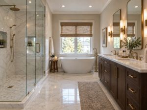 A luxury renovated bathroom in Haddonfield featuring a custom tile walk-in shower, freestanding tub, and floating double vanity with brushed gold fixtures.