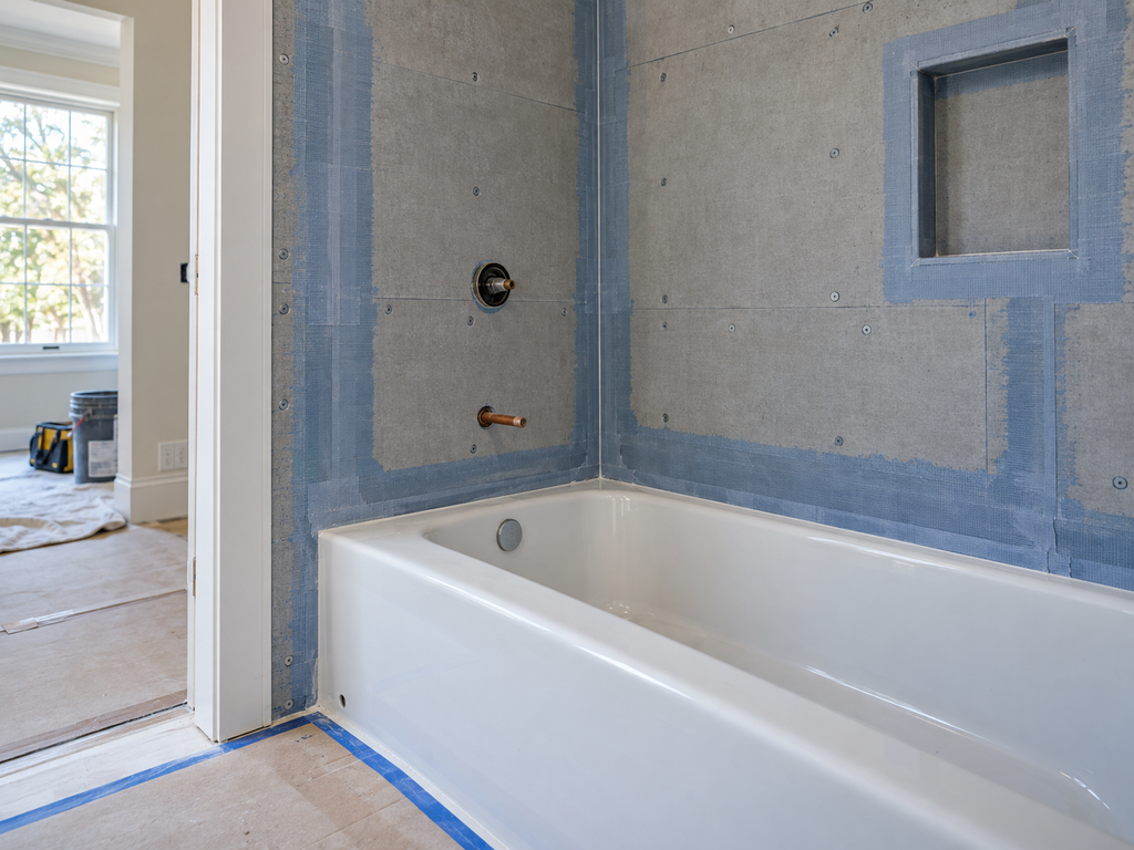 Professional tub flange waterproofing backer board detail for Haddonfield Kitchen & Bath Remodelers in Haddonfield