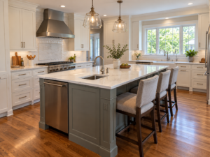 Remodeled kitchen with a center island, prep sink, counter-height seating overhang, and wide aisles in a South Jersey home