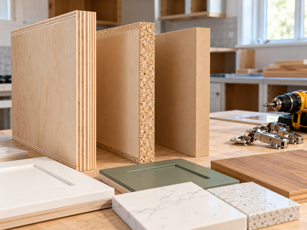 Side-by-side cabinet box panels of plywood, particleboard and MDF showing their edge construction