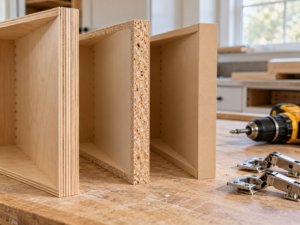 Side-by-side cabinet box panels of plywood, particleboard and MDF showing their edge construction