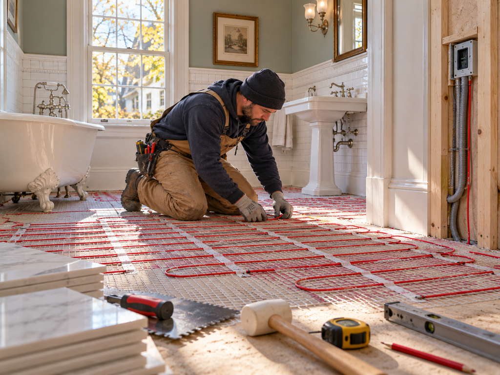 Heated bathroom floor system installed before tile in a Haddonfield remodel