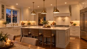 Remodeled kitchen with recessed lights, under-cabinet lighting and island pendants