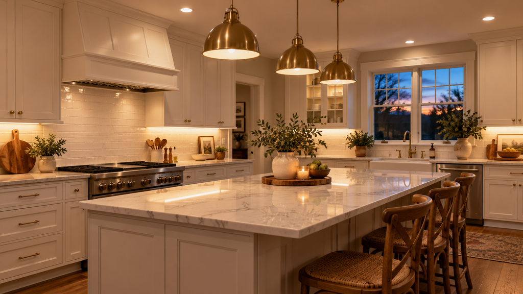 Remodeled kitchen with recessed lights, under-cabinet lighting and island pendants
