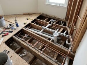 Bathroom plumbing relocation detail for residential work in Haddonfield and South Jersey.