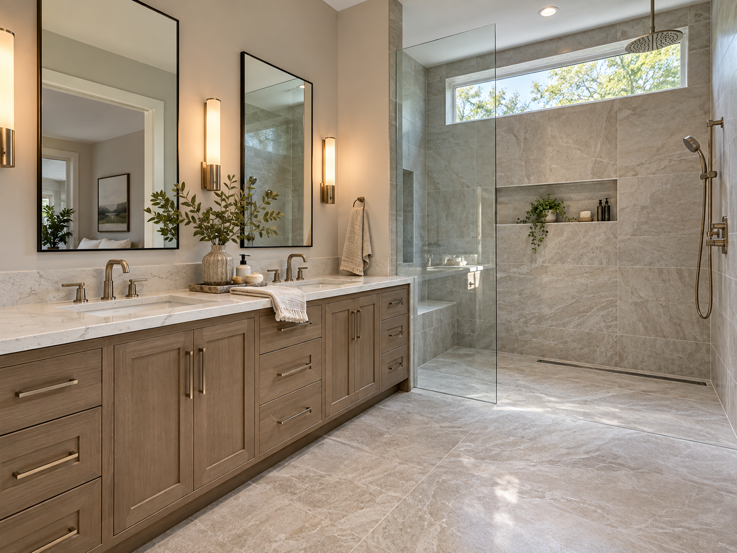 A newly built, spacious master suite bathroom addition in a Haddonfield home, featuring double vanities, a glass walk-in shower, and natural light from custom windows.