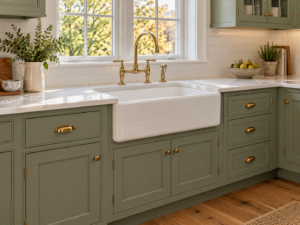 White fireclay apron-front farmhouse sink set into a painted inset sink base cabinet with a quartz countertop in a South Jersey kitchen remodel