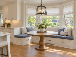 Painted built-in L-shaped kitchen banquette with storage drawers and a pedestal table under a bay window in a South Jersey Colonial kitchen