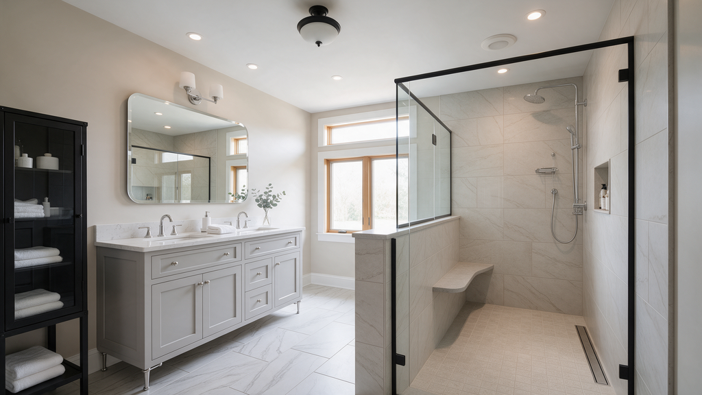 A newly built, spacious master suite bathroom addition in a Haddonfield home, featuring double vanities, a glass walk-in shower, and natural light from custom windows.